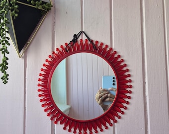 Vintage Red Plastic MCM Starburst or Spiky-Framed Round Wall Mirror l Made in Japan