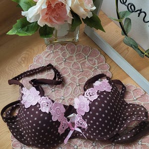 Vintage Bra Dark Brown Pink Polka Dots 36B Lace Pink Bow Underwire Saloon Lingerie