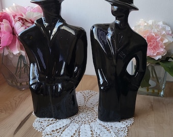 Vintage Large Art Deco 80’s Lindsey B Balkweill Styled Rick Rachel Ceramic Statues Couple with Hat Postmodern
