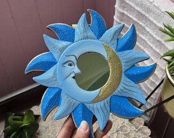 Vintage Wooden Celestial Blue Gold Sun & Moon Mirror Crescent Shaped Moon New Gorgeous Indonesia