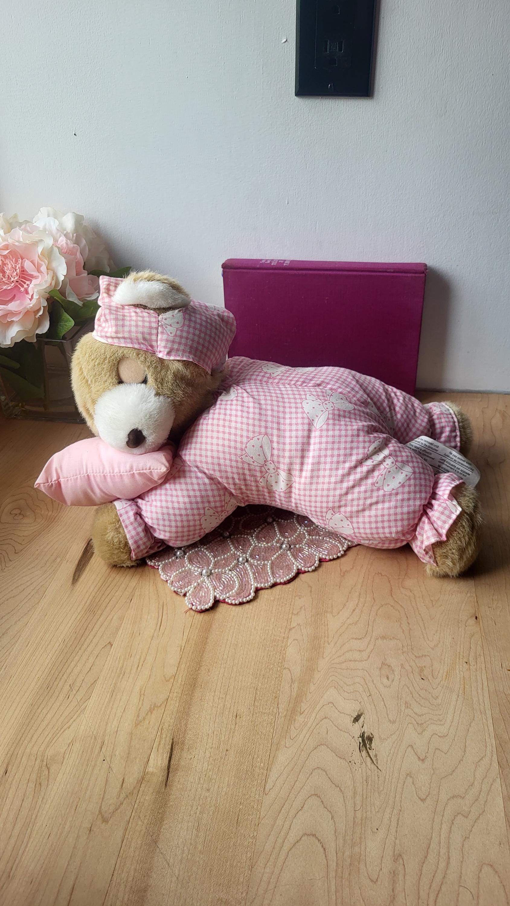 Vintage 90s Toy Wonders Sleeping Teddy Bear Plush Toy Pink Polka