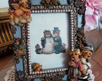 Vintage Cadre photo en céramique avec chiens et chien Cupidon Perles roses Saint-Valentin PS: Je t’aime à collectionner