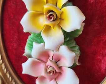 Framed Capodimonte Roses 3D Ceramic Wall Art , Cottage Core Red