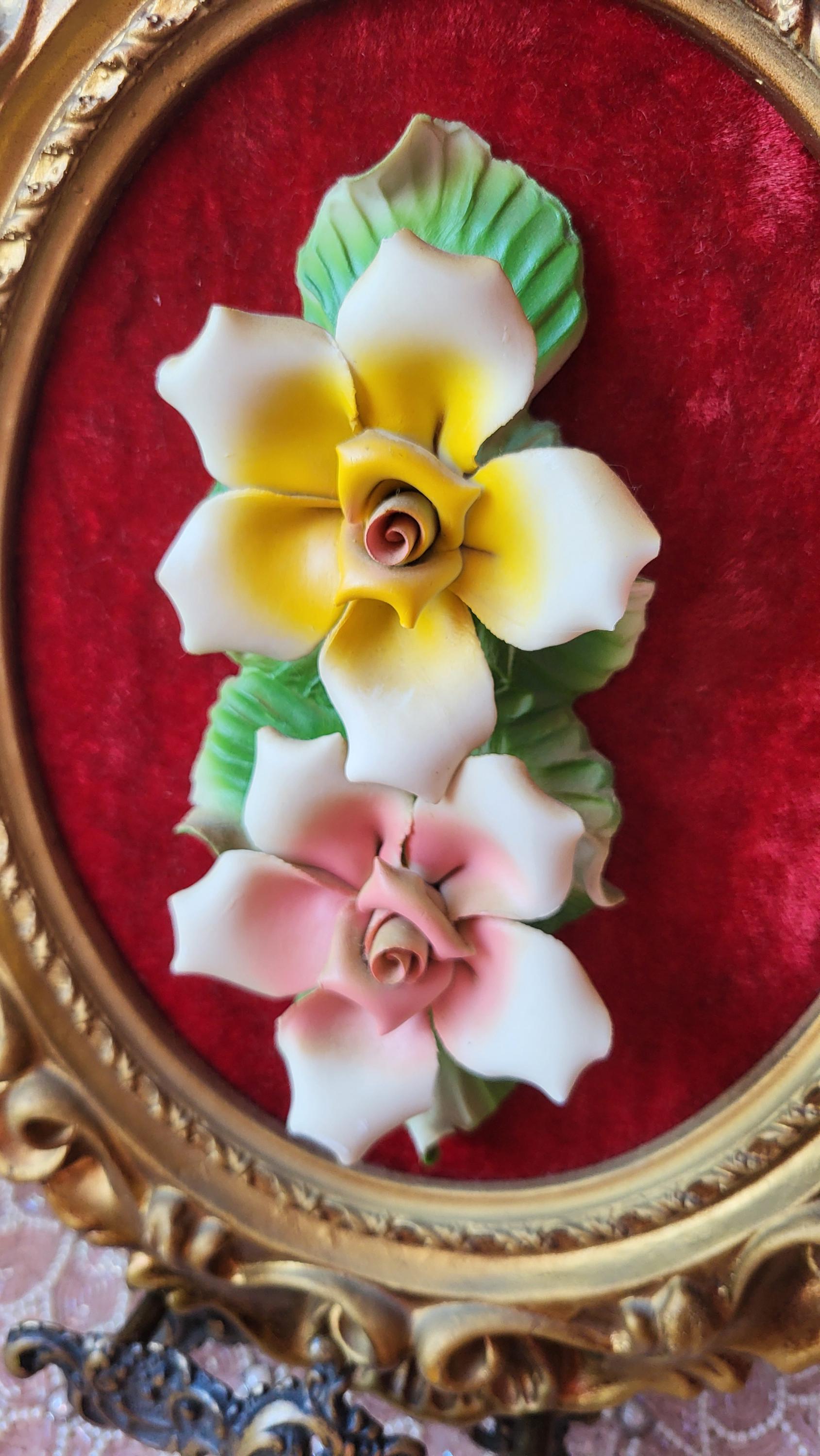Framed Capodimonte Roses 3D Ceramic Wall Art , Cottage Core Red