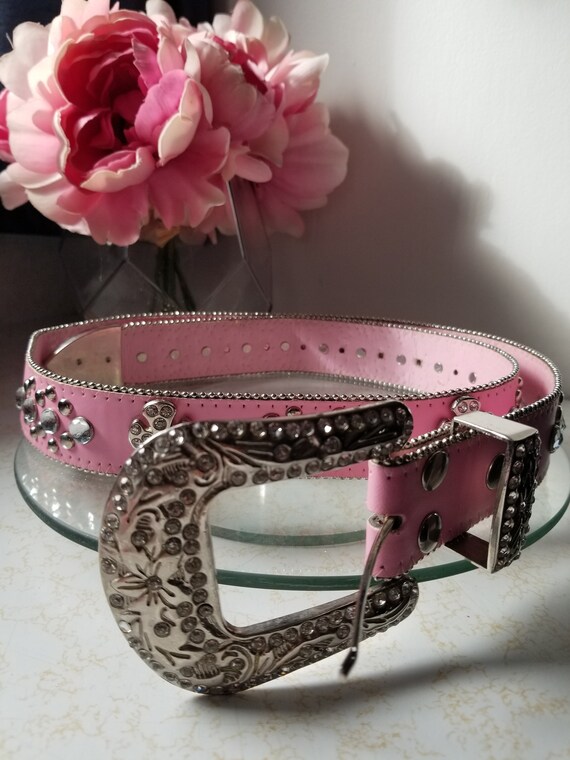 Vintage Pink Belt Rhinestone Sparkly Belt Western Buckle Glitter
