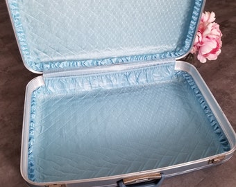 Vintage 1960's Large Suitcase Edal Hardcase Luggage Blue, fabric lined, No key, MCM, midcentury, iconic design, travel