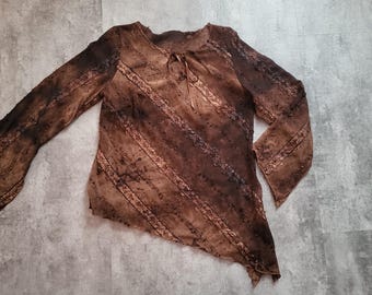 Vintage Y2K Brown Fairy Blouse Asymmetrical Bell Sleeves Size Large