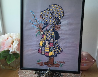 Vintage Handmade Holly Hobby Embroidered Framed Picture, Girl In Bonnet, Girls Room Decor, Nursery Decor, Kitschy, Granny Chic, Nostalgia