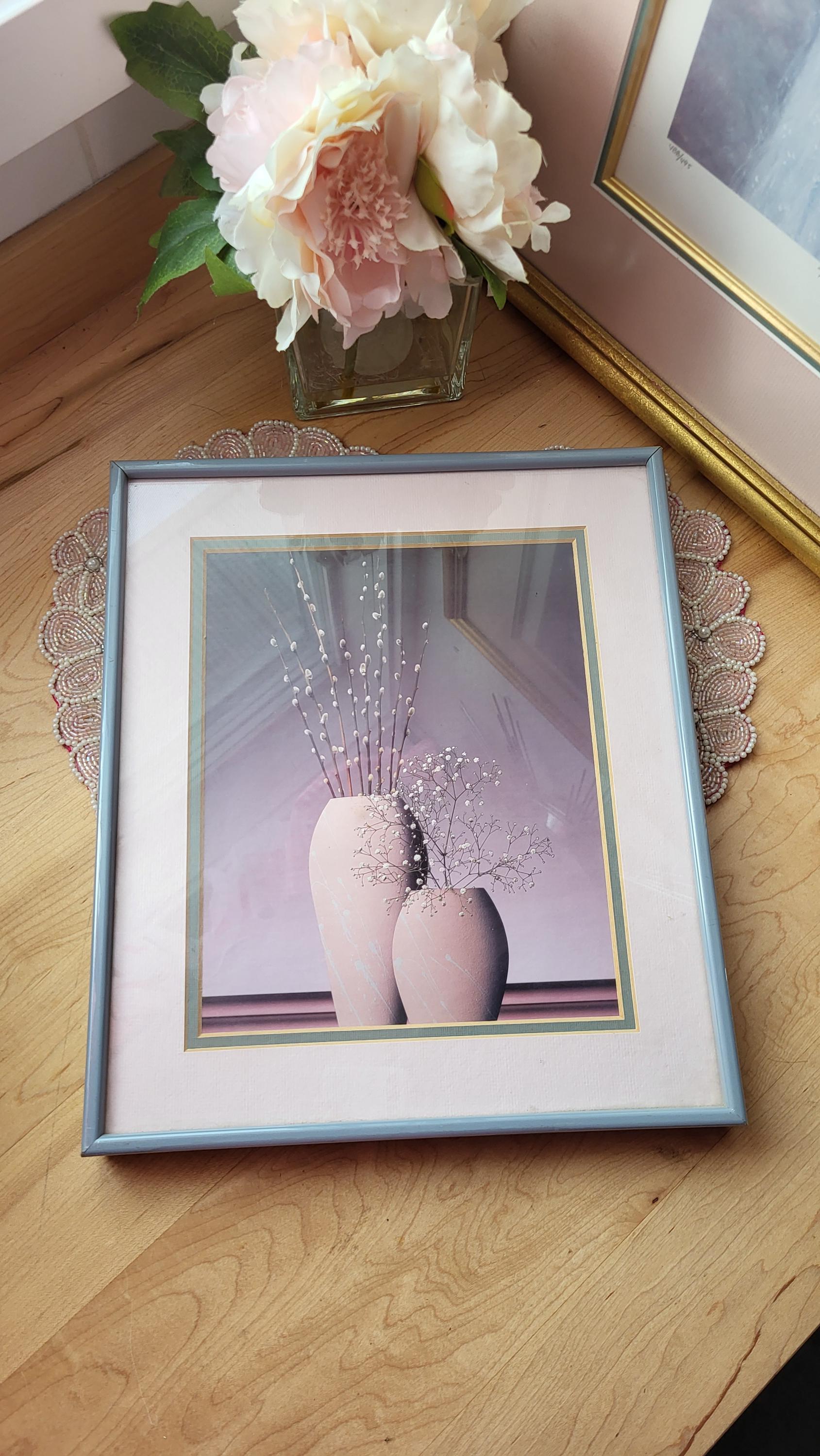 Vintage Post Modern 80's Surrealistic Vase and Floral Print With
