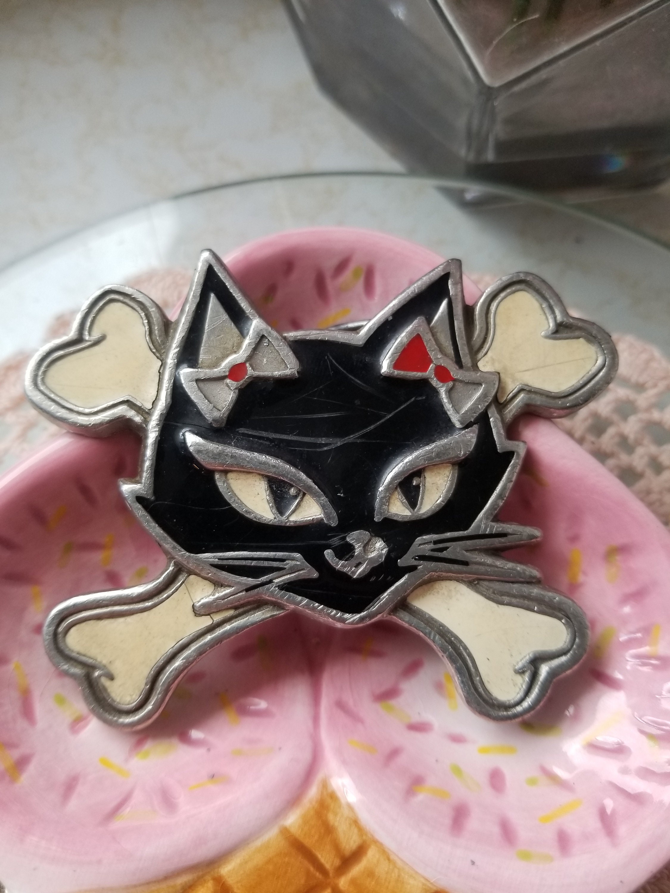 Lucky 13 Apparel Black Cat Enameled Belt Buckle 2000 - Etsy display picture 1