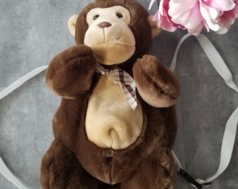 Vintage 90's Cute Large Monkey With Plaid Bow Stuffed Backpack Rave Backpack Funky Backpack