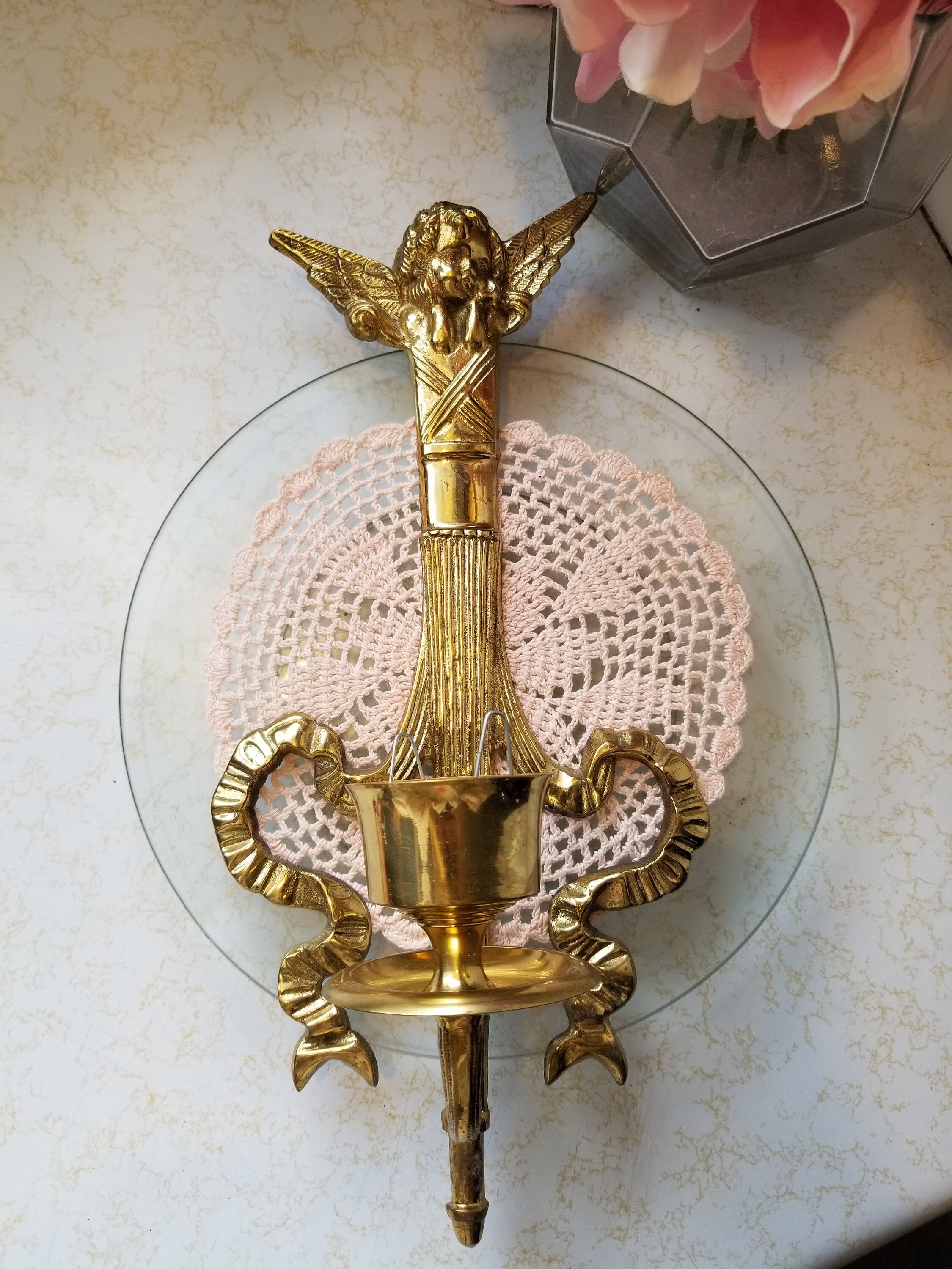 ヴィンテージ真鍮壁取り付け用燭台天使/天使キャンドルホルダー