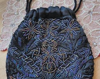 Vintage 80s Beaded Draw String Bag / Evening Purse / Intricate Beaded Bag / Flapper Purse / Vintage Black Purse