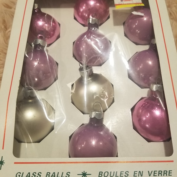 coffret vintage de 10 ornements en verre de Noël Universal fabriqué aux USA gris violet rose