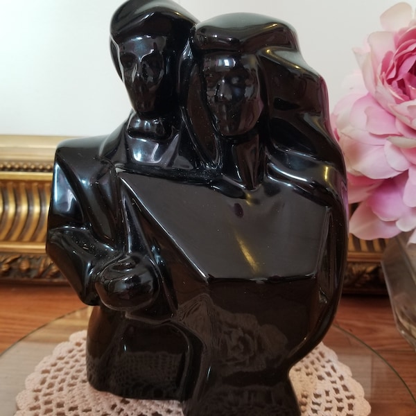 vintage Art Deco 80's Ceramic Gloss Black Figurine, Statue homme et femme, MCM Power Couple Statue