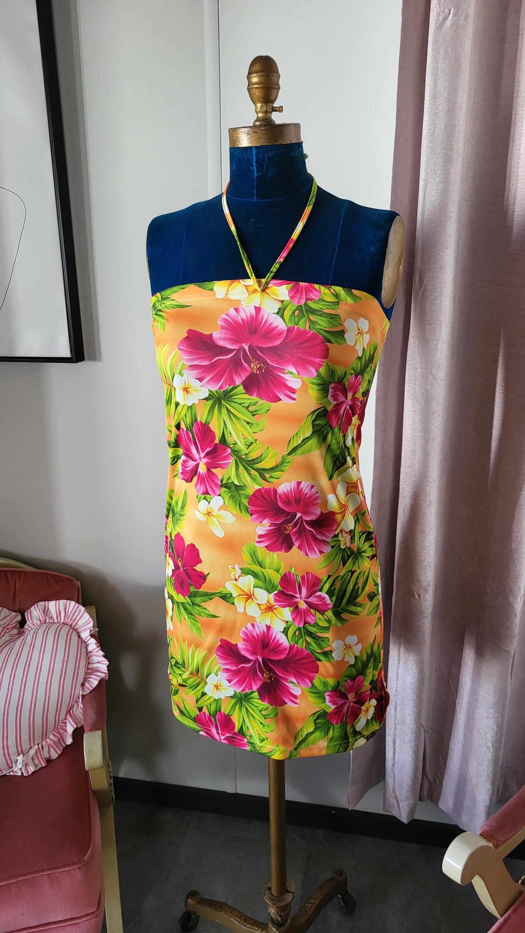 Vintage Y2K Kowah Rosa Mini Kleid mit tropischem Print Größe L Made in USA Hawain Flowers