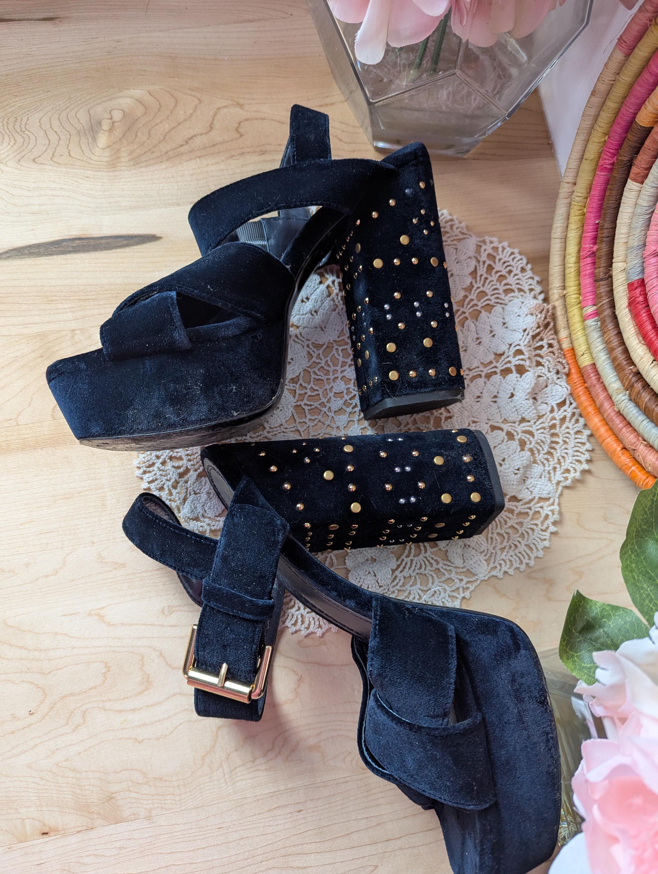 Maje Blue Navy Velvet Heels Gold & Silver Details Christmas Shoes Size 7 Made in Portugal