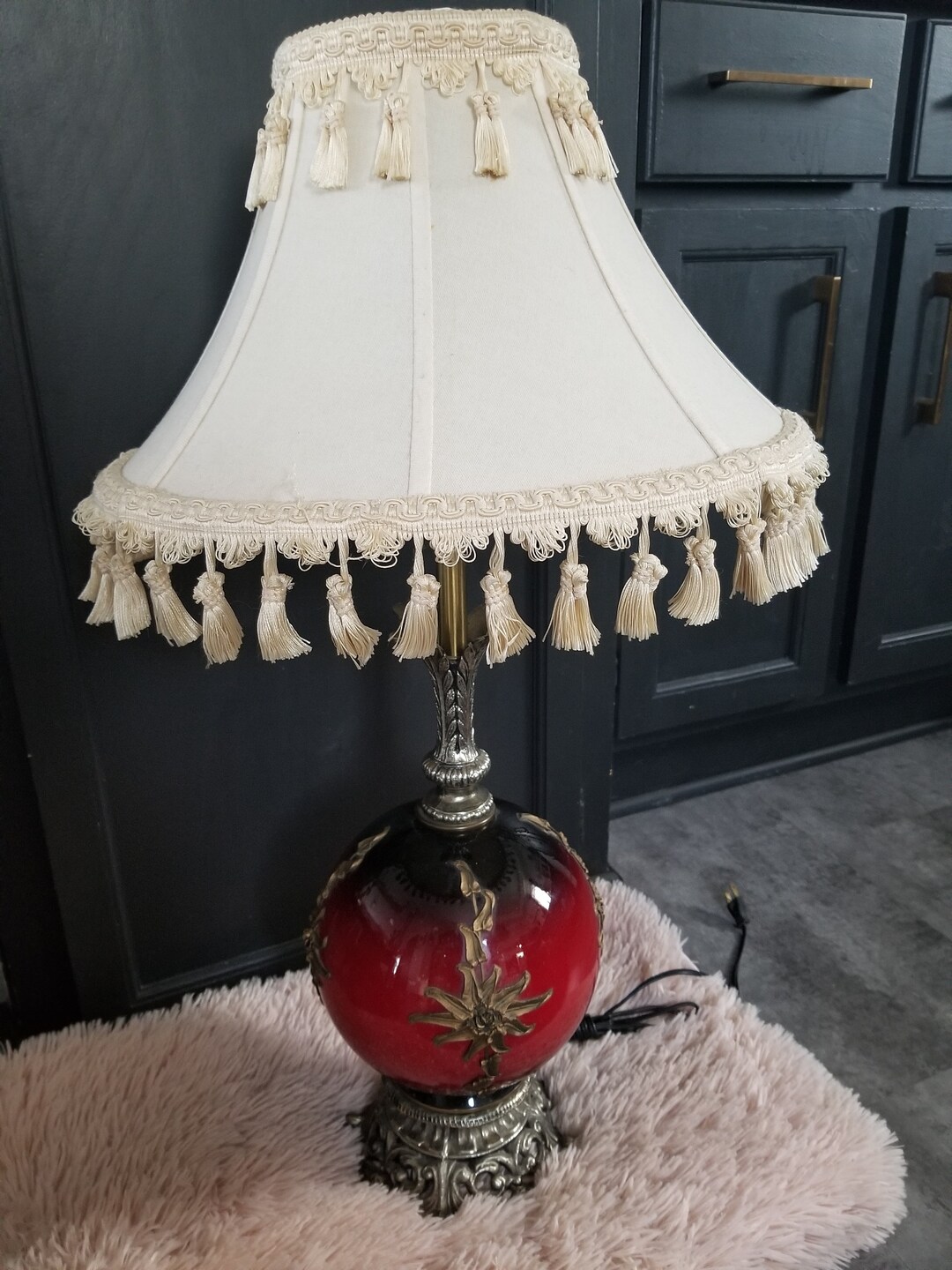 Antique Glass Globe Table Lamp Vintage Red Glass Lamp Etsy