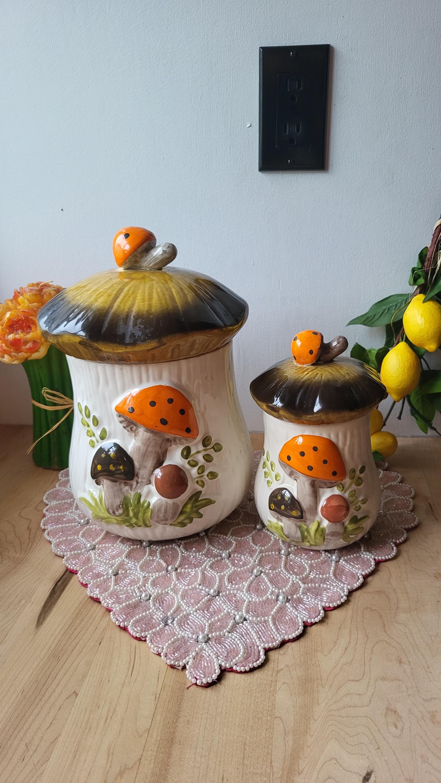 Vintage Mushroom Set of 2 Jars, 1 Large 1 Medium Kitchen Canister