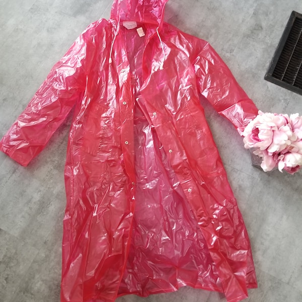 Vintage 70's Red/Pink Vinyl Transparent Raincoat Made in Hong Kong Size L