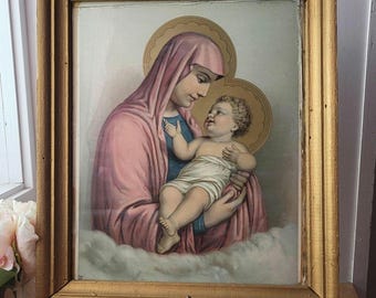 Stampe antiche di Maria e Gesù Bambino in rosa con cornice / Gesù e Maria / Arte murale cattolica vintage / 19" X 16"
