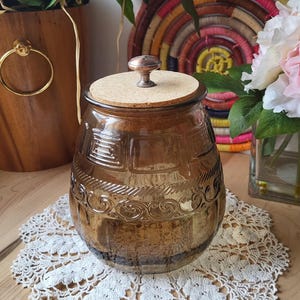 Vintage Smoked Glass Barel Jar Container with Cork Lid Embossed Decor, Midcentury/Boho Chic Decor, Vintage Home Decor, Solid Glass