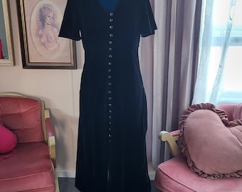 Vintage Midi Dress All Black Velvet with Front Rinestones Buttons Style The Kooples Gothic Witchy Dress Size XS / S