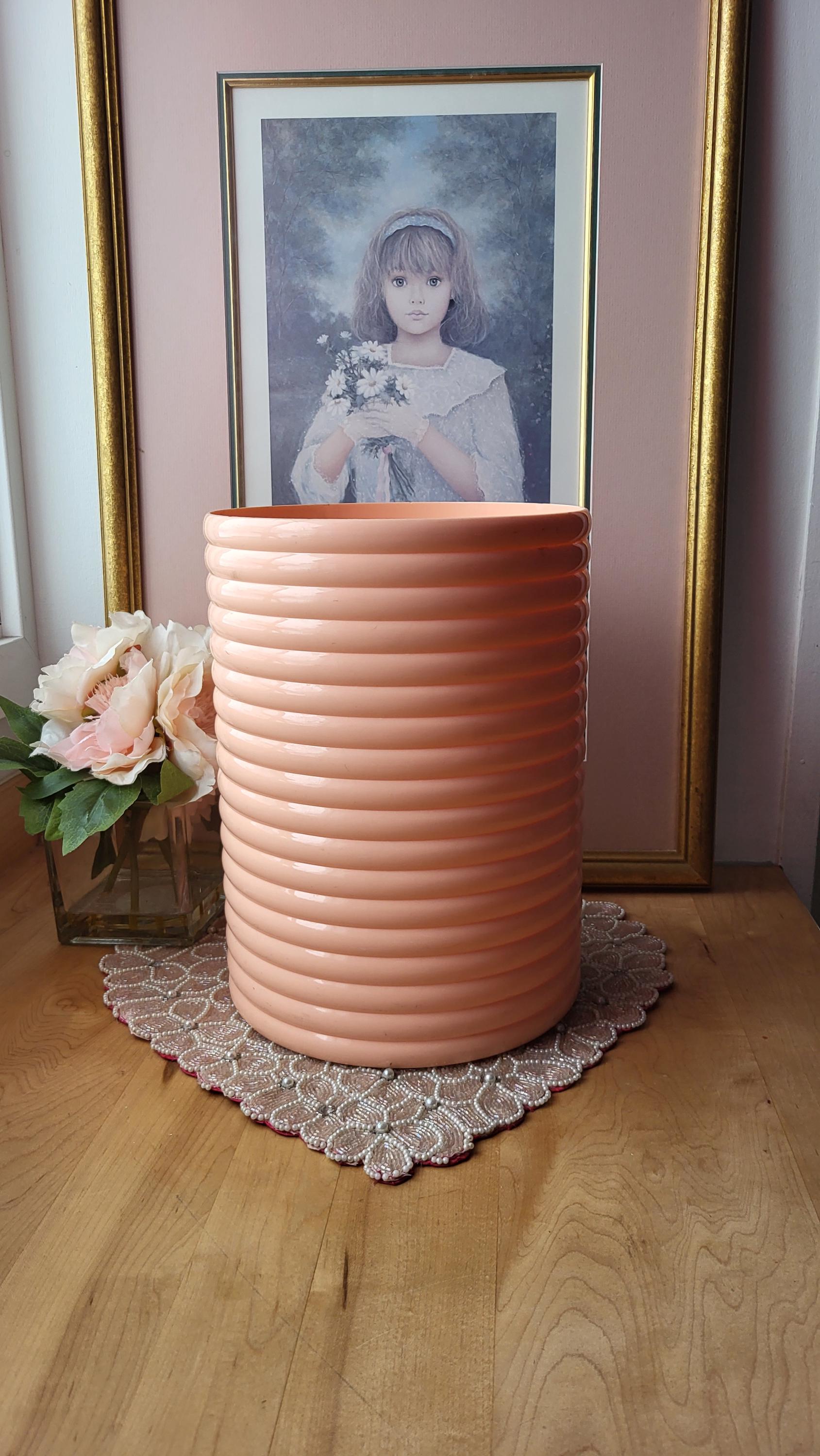 Vintage Sally Designs Wastebasket Peach Pink Ribbed Plastic Trash