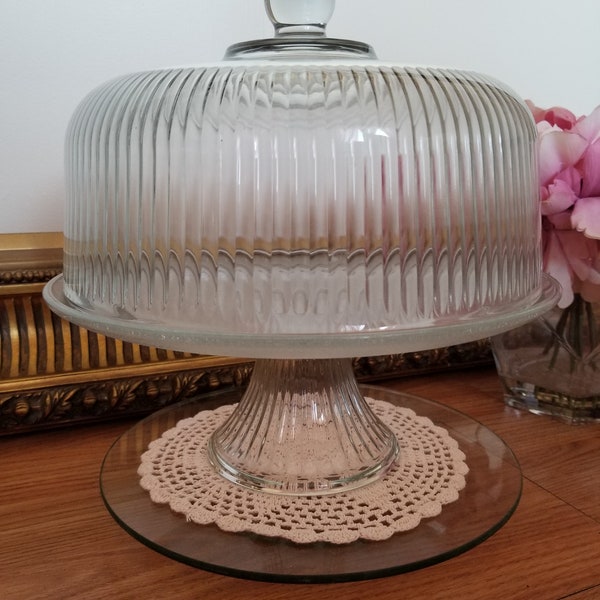 Vintage support à gâteau en verre avec dôme pour 10" gâteau