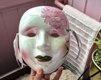 Vintage Iridescent Porcelain Face Mask l Made in Taiwan l Hand-Painted Floral Decor