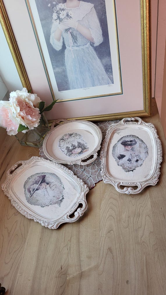 silver tray for dresser Vintage Set of 3 Upcycled Small Silver Trinket or Dresser Trays Shabby Chic  Style Victorian