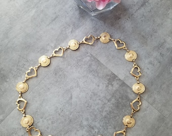 Vintage cadena eslabón cinturón oro metal círculo eslabones con corazones 60's Mid Century Mod Moda