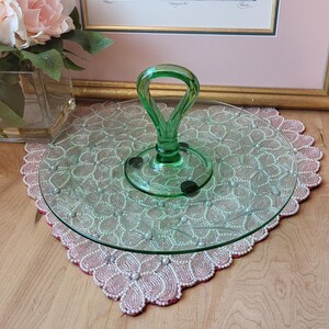 Vintage Green Depression Glass Dessert Serving Plate Loop Handle Entertaining 1940s Etched Flowers