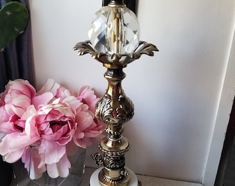 Lampe vintage HOLLYWOOD REGENCY en laiton avec marbre et cristal à facettes