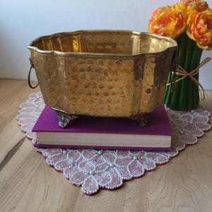 Olla vintage con cabeza de león de latón martillado