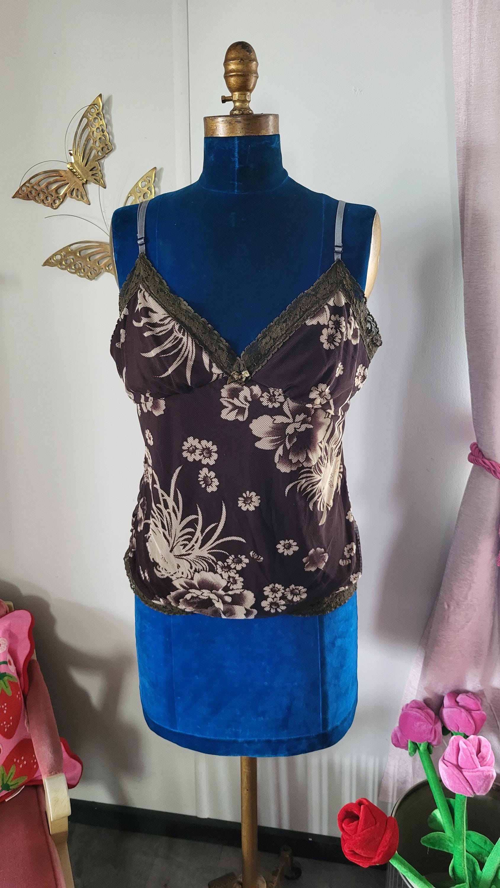 Vintage 2000's Y2K Romantic Brown Cami Top With Lace Details and