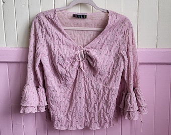 Vintage Y2K Bali Brand Dusty Rose Pink Crinkle Texture V-neck Top featuring Bell Sleeves and a tie-front detail. Size M