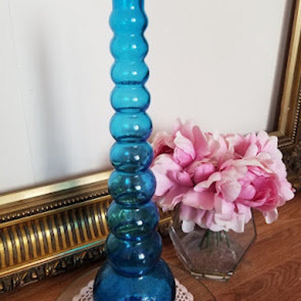 Grand Vase bleu vintage DF Blue Glass - Twist/Balloun Design - Design en verre moulé - Mid-Century