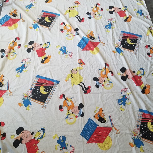 Vintage Wabasso Disney Twin Flat Sheet Mickey Mouse and Friends Moon Stars