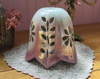 Vintage Handmade Pink Iridescent Ceramic Lampshade Lamp Shade Ceiling Lamp Flower and Leaf Pattern