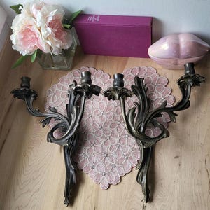 Pair of Antique Italian Harrogate Heavy Bronze Candelabras Wall Candle Sconces | Antique Louis XIV Style Candle Holders Signed.