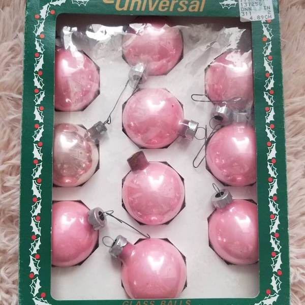 vintage décorations de Noël boules en verre tout rose dans la boîte Universal