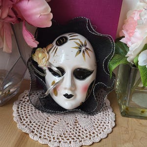 Vintage Porcelain Painted Clown Jester Harlequin Face Decorative Mask With Lace Border -