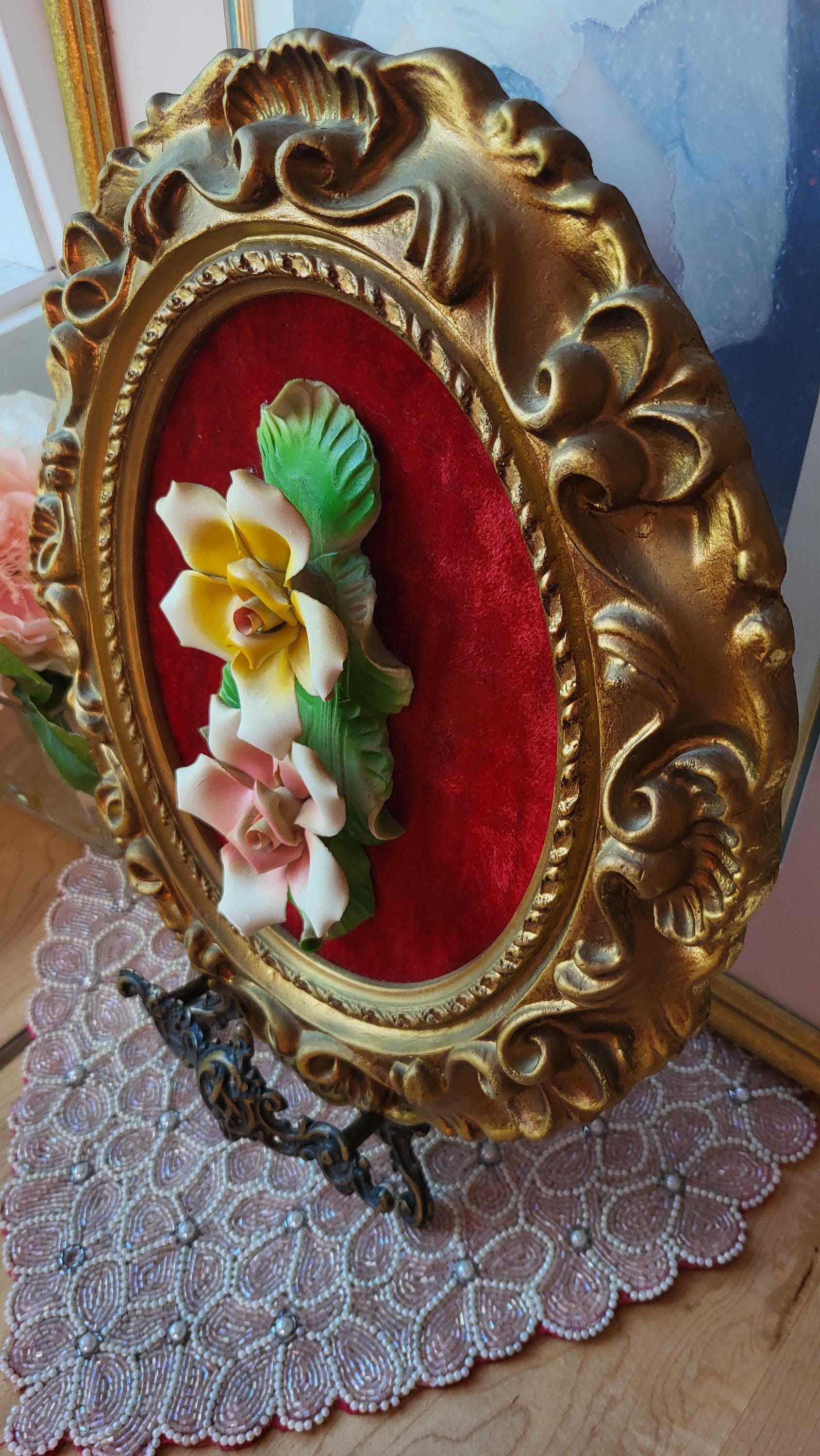 Framed Capodimonte Roses 3D Ceramic Wall Art , Cottage Core Red