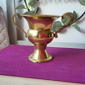 May include: A small, gold-colored brass vase with two handles. The vase is sitting on a purple book.