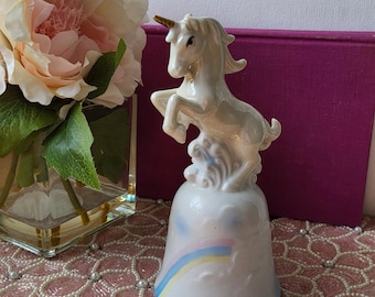 Vintage Unicorn bell  Statue Gold Horn White Ceramic. Figurine Retro Mythical Creature Statuette. On Rainbow By Giftcraft