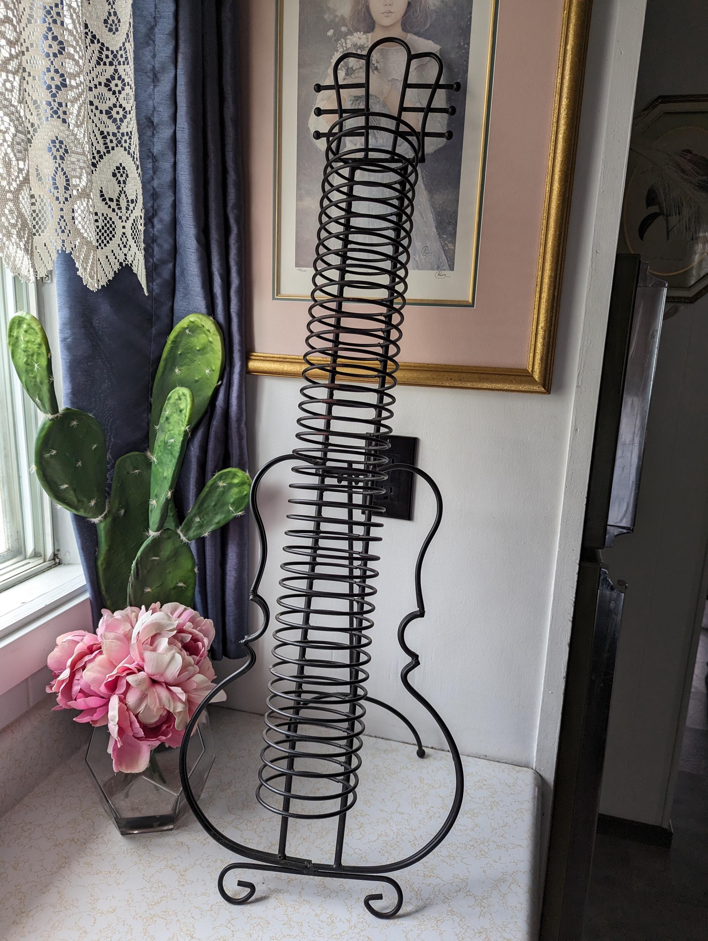 Vintage Wrought Iron CD Rack Guitar Half Size or Violin Style With