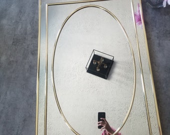 1980s Large Wall Mirror w/ Gold Oval Overlay & Rectangular Frame