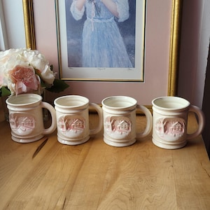 Vintage Set of 4 Winter Scenary Pink & Beige Coffee Mugs Made in 1987 Signed