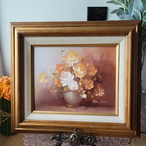 Vintage Art Framed Floral Bouquet Still Life Oil Painting on Canvas Signed  Houston Orange White Green Copper Brown Gold Colors Mid Century